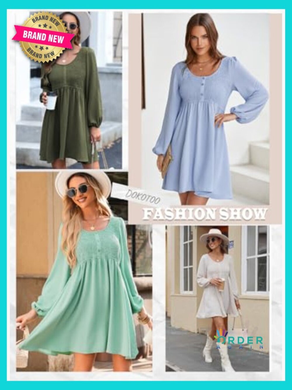 Smocked Empire Waist Mini Dress Long Sleeve Button Up A-Line Chic - Picture 6 of 7